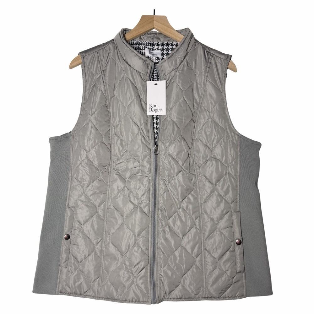 Kim Rogers Quilted Full Zip Vest Gray Pockets Lined Women Size XL NWT